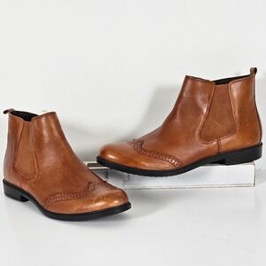 Hotter Tan Leather Brogue Wingtip Chelsea Ankle Boots Side Zip Womens 11